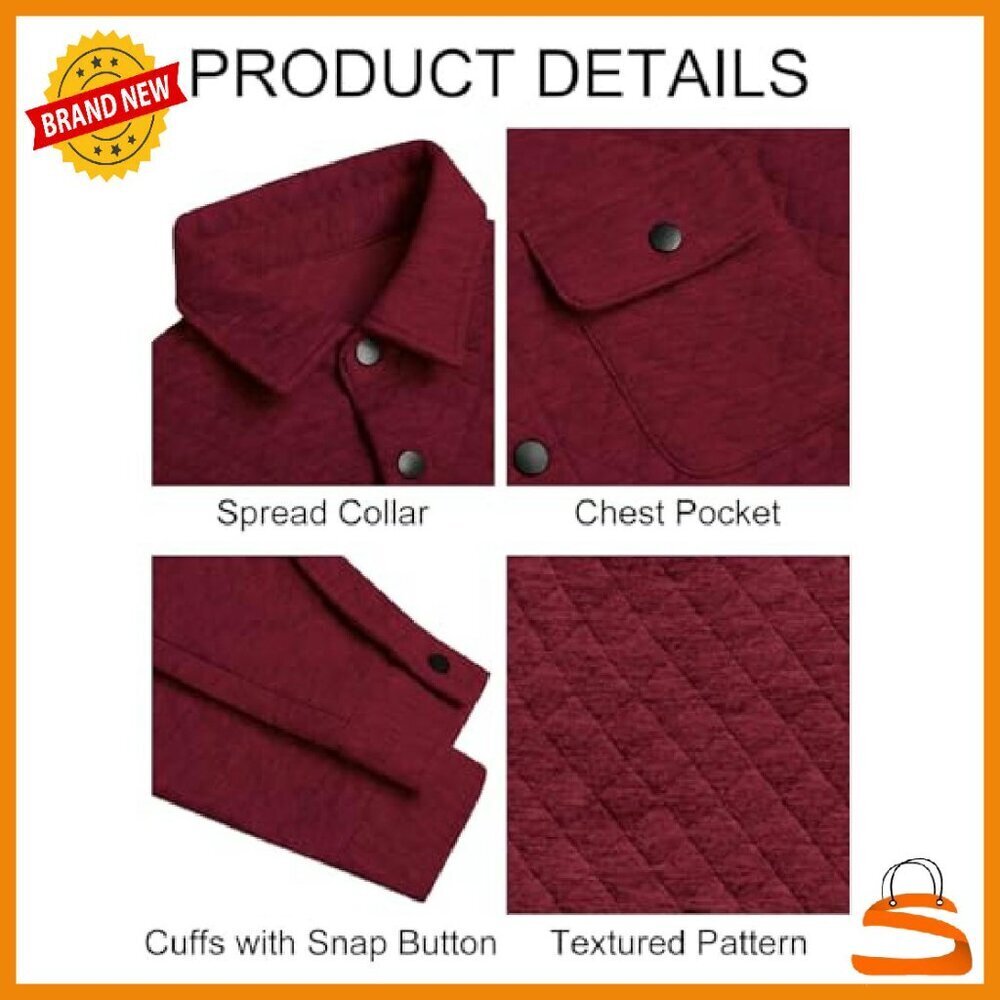Men's Quilted Shacket Lightweight Jacket Snap Button Pockets Fall Spring - Picture 7 of 8